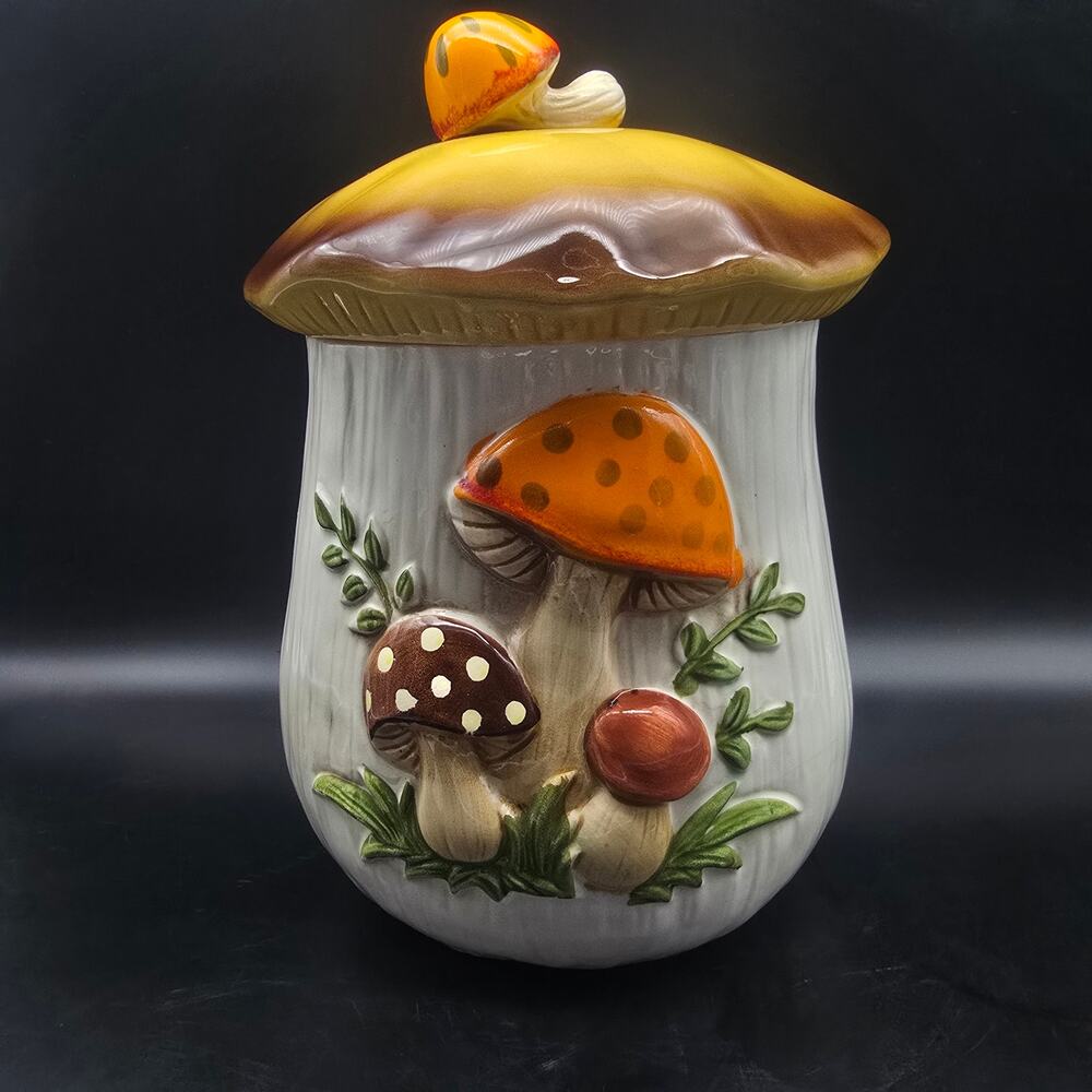 Sear's Merry Mushroom Jar Ceramic Canister Vintage 1970s Kitchen Large